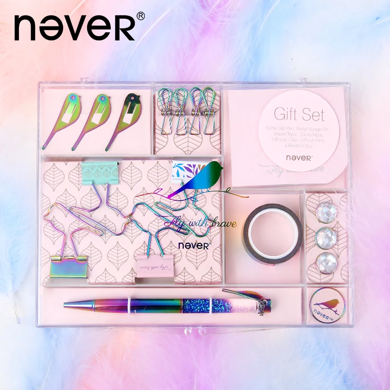 Never Stationery Set Paper Clip Ticket Notice Stick Metal Pen Badge