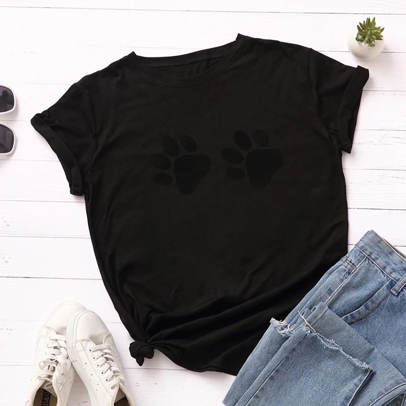 Women Cotton Plus Size T-shirt Graphic Tee Summer Tops Short Sleeve Top Tees Funny Cute Dog Paw Print T Shirts Female Shirt - Цвет: Черный