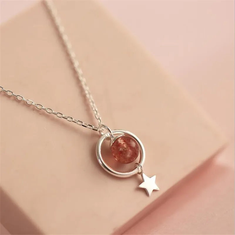 New Fresh And Lovely Stars Strawberry Pink Crystal 925 Sterling Silver Jewelry Magic Circle Women Pendant Necklaces XL122 - Image 2