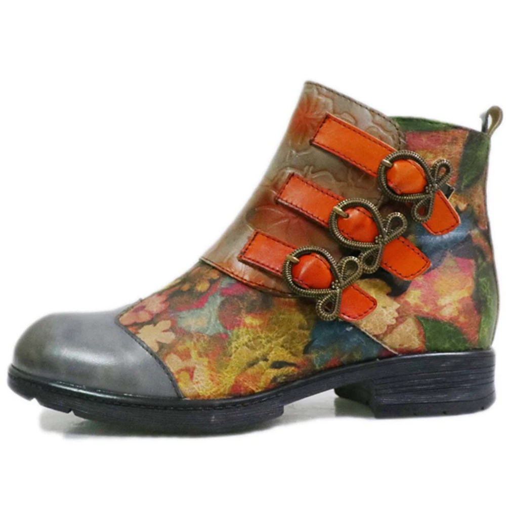 Women Genuine Cow Leather Martin Boots Female Sewing Embossing Ankle Botas Ladies Mixed Color British Style Booties 2021 Autumn