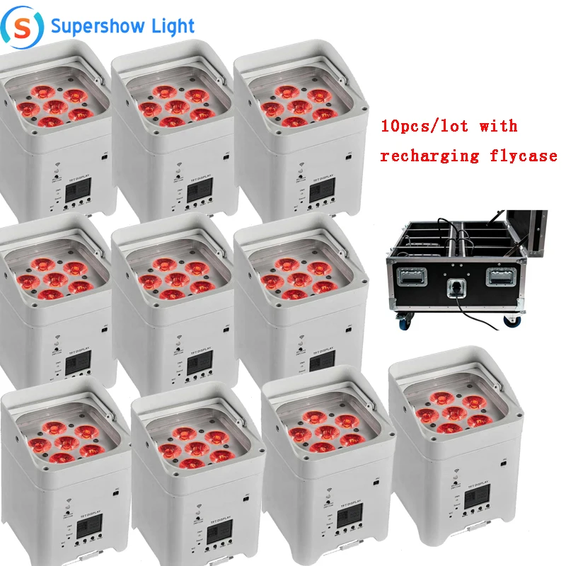10pcs/lot With Case DMX Wireless Battery Powered Smart LED Uplight 6*18W RGBWA+UV for Wedding | Лампы и освещение