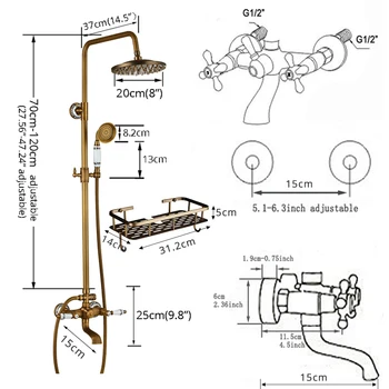 Rozin Brass Antique Bathroom Shower Faucet Set Wall Mount Dual Handle with Handshower + Shelf Brass Bathroom Shower Mixer Tap 4