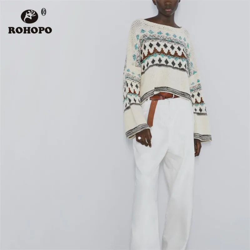 

ROHOPO Jacquard Loose Autumn Beige Cotton Sweater Slash Neck Baggy Hem Pullover Knitted Top camisa #9542