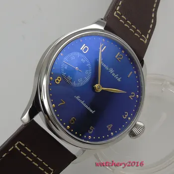 

44mm PARNIS Blue Dial Steel Case 6497 Hand winding mechanical mens watch
