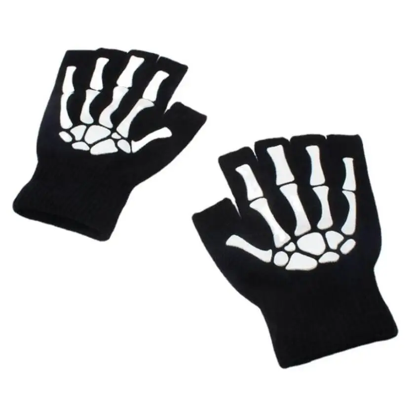 Unisex Halloween Punk Printing Fluorescent Skeleton Skull Half Finger Gloves Glow in the Dark Fingerless Knitted Winter Mittens