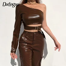 

Darlingaga Streetwear Punk Style Brown One Shoulder Sweatshirt Women Asymmetrical Spring PU Leather Pullover Tops Buckle Cut Out