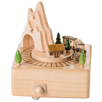 

Wooden Musical Box Featuring Mountain Tunnel With Small Moving netic Train | Plays