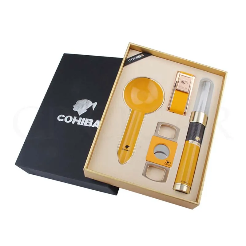 

COHIBA Set 2 Torch Lighter Gas Metal Cigar Cutter Sharp Pocket Portable Cigar Ashtray Outdoor Cigars Tube Jar Travel Humidor