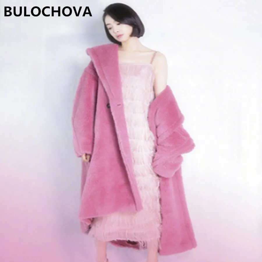 

Teddy Bear Red Pink Brown Woolen Long Jacket Coat 2019 Newest Autumn Winter Women Double-breasted Female Thick Warm Overcoat XL
