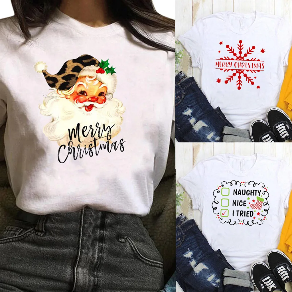 Женская рождественская Футболка с принтом Санта Клауса и лося, женская модная Рождественская Футболка Harajuku с коротким рукавом и круглым вырезом, топы, одежда# SH
