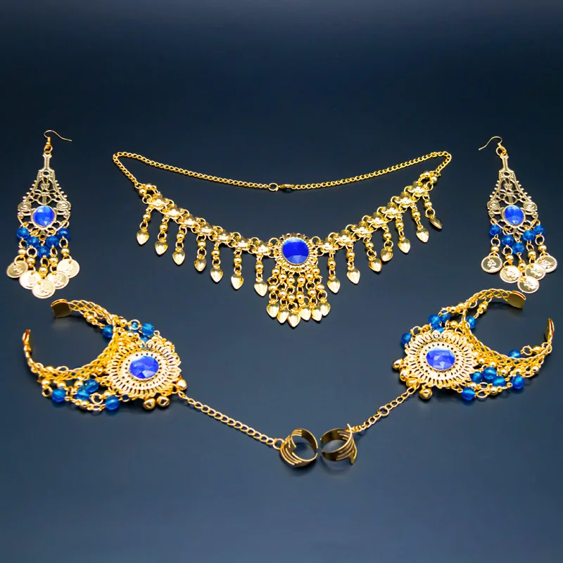 Royal blue-5pcs set Индийские аксессуары для танца живота набор для женщин танец живота Стразы ожерелье серьги комплект ювелирных изделий принадлежности для танца живота - Цвет: Royal blue-5pcs set