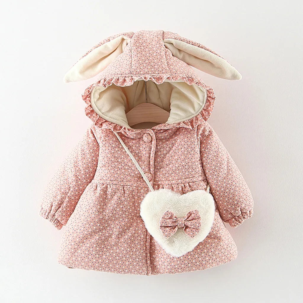 Детское пальто для маленьких девочек, одежда осенне-зимнее плотное теплое пальто в горошек с рюшами и заячьими ушками для маленьких девочек комплект с сумкой