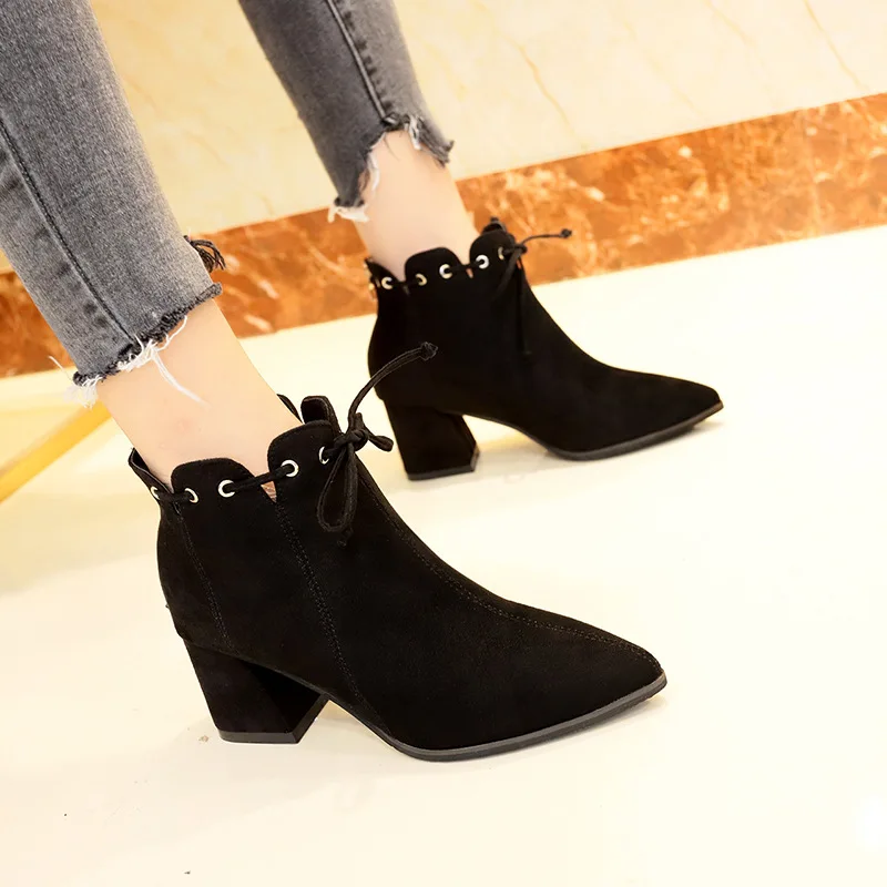 

Pointed Toe Flock Fashion Women Ankle Boots High Butterfly-knot Solid Vintage Chelsea Boots Square Heel Zip Big Size Shoes