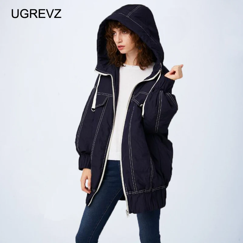

UGREVZ2019 Winter new white duck down jacket female long section loose hooded hit color line thick coat