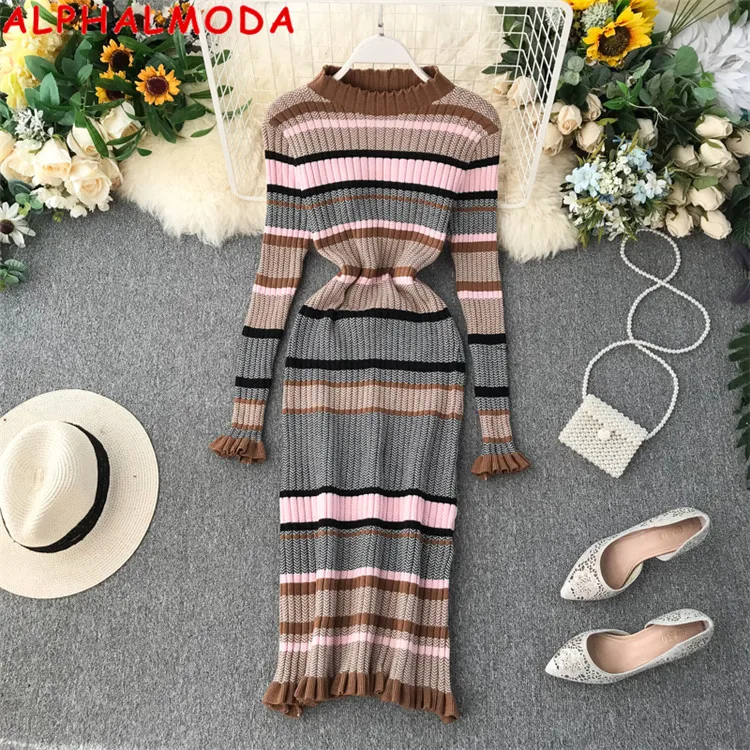 ALPHALMODA Autumn Winter Women Classical Striped Long Sleeve Knitted Dress England Style High Quality Thicken Warm Bottom | Женская