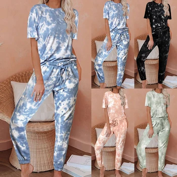 

Women's short sleeves color-changing printed tie-dye pajamas home wear