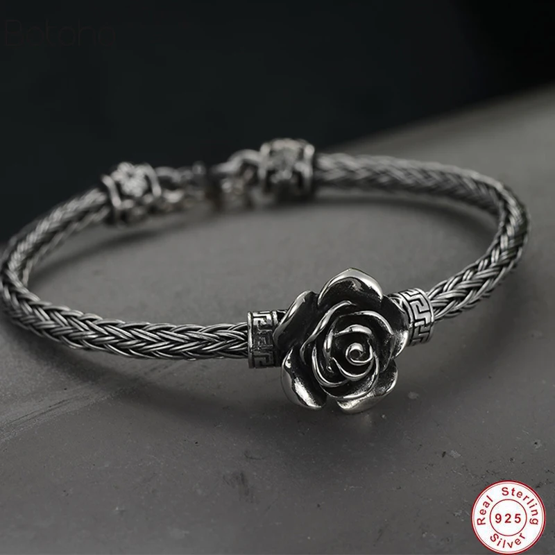 Цельный S925 тайский серебряный баридный браслет, браслеты для женщин, розовые цветы, винтажные Панк ювелирные изделия, Браслет-манжета Femme около 22,5 г