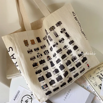 

Classic Camera Pattern Canvas Bag Women Single Shoulder Large Portable Shopping Bag Schoolbag For Boys And Girls Handbags