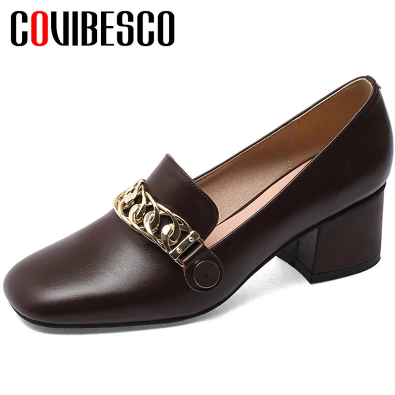

COVIBESCO 2020 Brand Design Women Pumps Cow Leather Spring Autumn Casual Metal Decoration Square Toe Square Heeled Shoes Woman