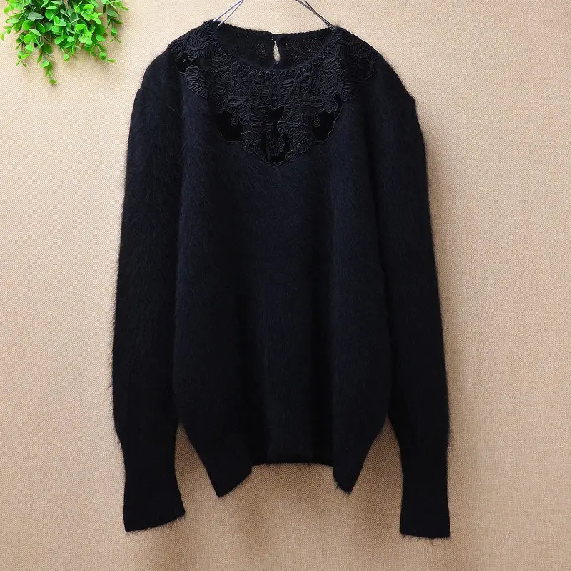 Ladies women mink cashmere o-neck loose fluffy angora rabbit fur loose hand knitted pullover sweater short warm sweater pullover - Цвет: body55cmbust100cm