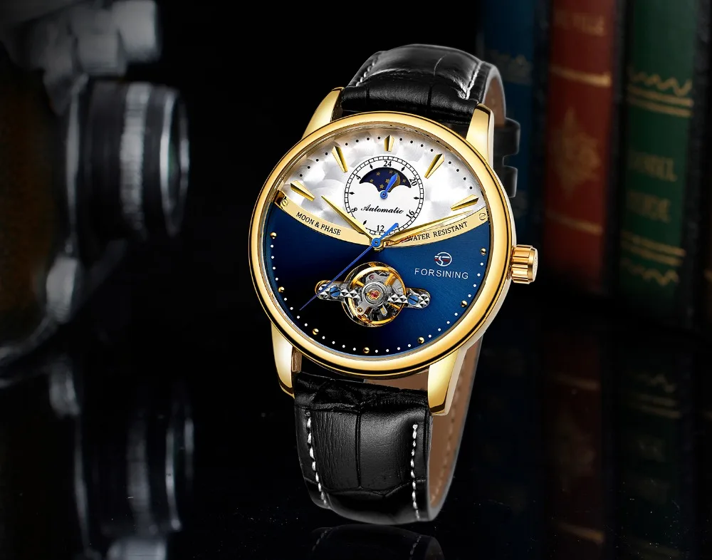 FORSINING новейшие Moon Phase Tourbillion автоматические мужские часы jam tangan reloj de pulsera водостойкие часы