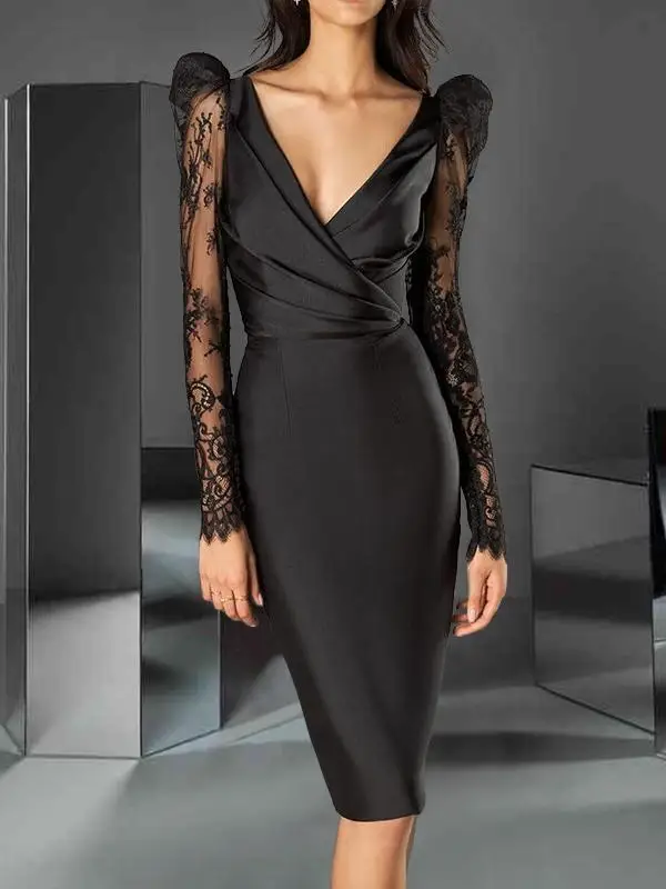 

Black Mother Of The Bride Dresses Sheath Long Sleeves Lace Knee Length Wedding Party Dress Mother Dresses Fomal Evening