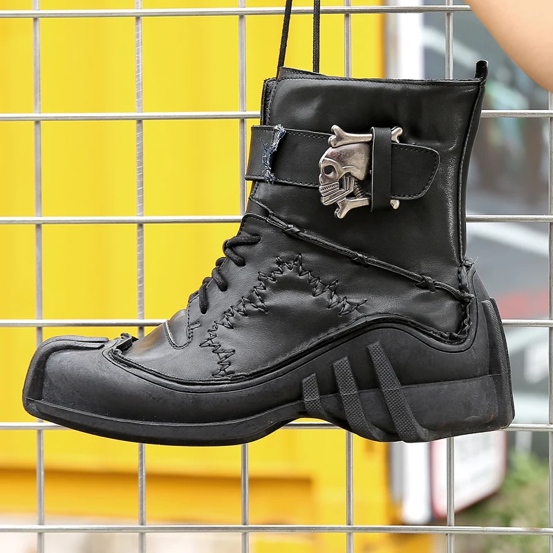 Мужские ботинки из натуральной кожи в винтажном стиле; ботильоны в байкерском стиле; армейские ботинки с черепом; Мужские ботинки в стиле панк