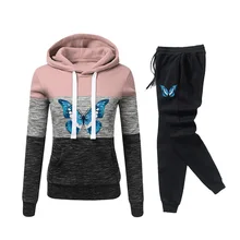 Women's Butterfly Hooded Outfits Hoodies&Sweatpants Ladies Fashion Tracksuit High Quality Striped Pocket Pullover 2pcs Set