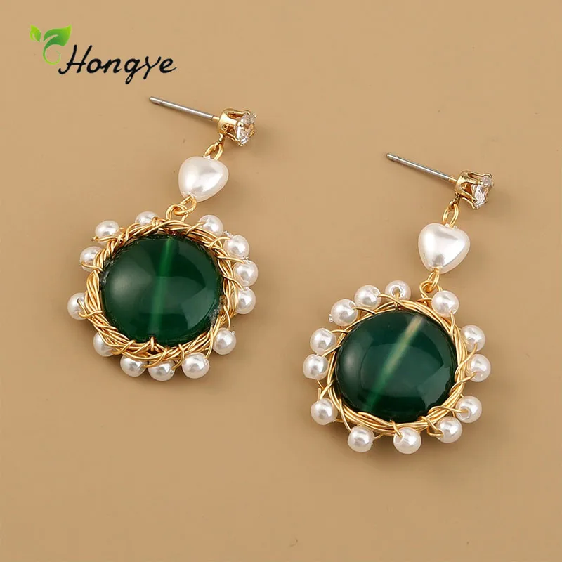 

Hongye Round Green Stone Multi-Pearl Drop Earrings for Women Elegant Fashion Party Charm Crystal Zircon Brincos Jewelry 2020
