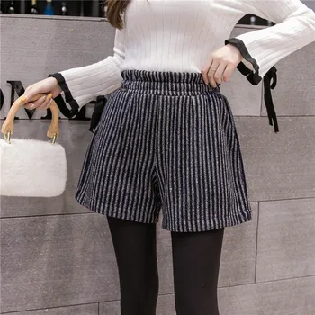 

DONAMOL Plus size Autumn Winter Street wear Woollen cloth Women Shorts high-Waist stripe Wide Leg Shorts Femme Casual Shorts