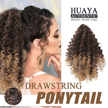 

HUAYA Drawstring Ponytail Hair Synthetic Afro Kinky Curly Ponytail Clip In Hair Extensions Women Ombre Brown Pony Tail False Hai