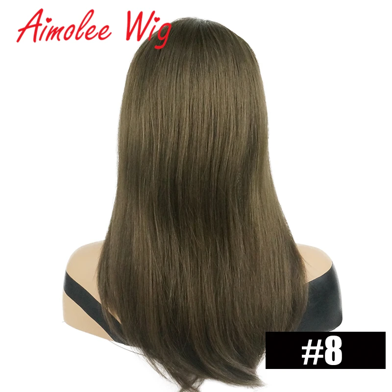 18 дюймов длинные натуральные прямые волосы парик с челкой блонд темно-коричневый Выделите человеческие волосы смесь синтетический парик для женщин дышащий парик - Цвет: #8