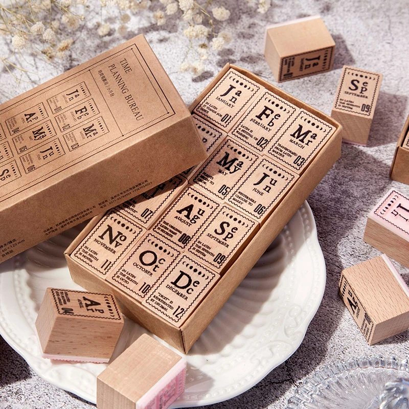 12Pcs/Set Vintage Month Abbreviation Stamp DIY Wooden Rubber Stamps For Scrapbooking Stationery