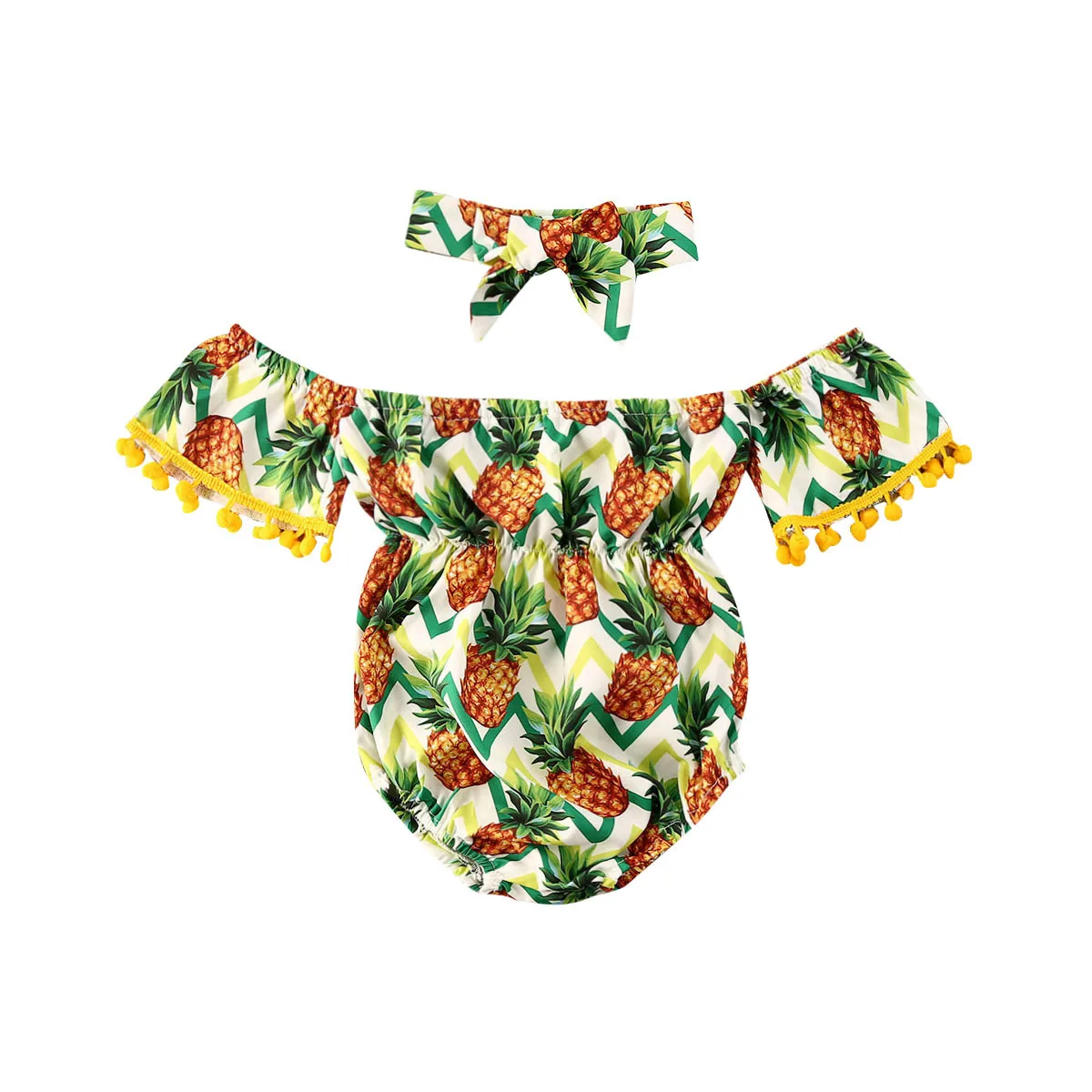 0-24M Newborn Baby Girls Romper Off Shoulder Tassel Pineapple Pattern Jumpsuit with Bow Hair Band | Детская одежда и обувь