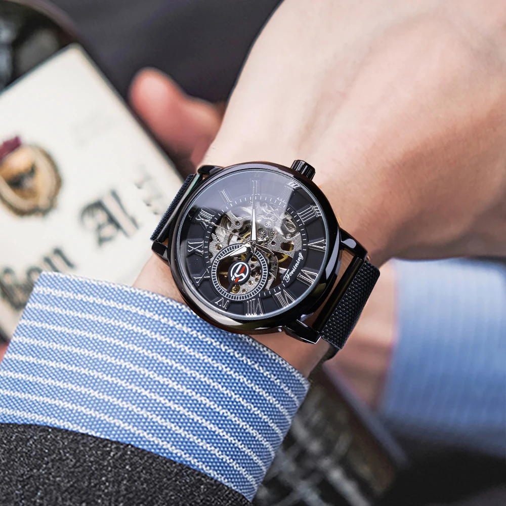 Forsining Retro Fashion Design Skeleton Sport Mechanical Watch Luminous Hands Transparent Mesh Bracelet For Men Luxury