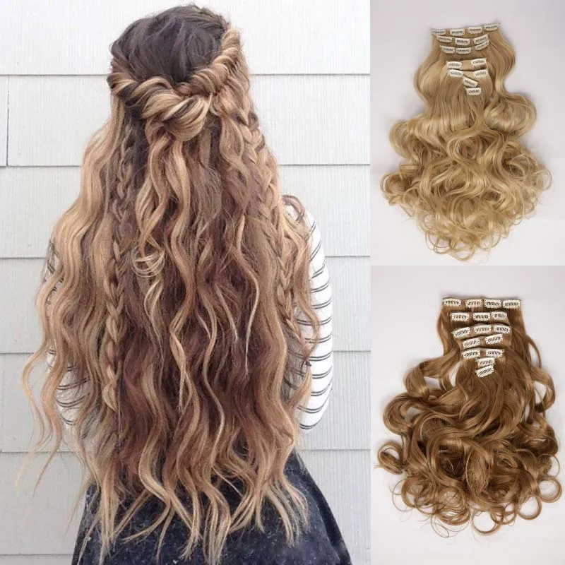 

AOOSOO 16 clips Long wave Synthetic Hair Extensions Clips in High Temperature Fiber Black brown Blonde Hairpieces