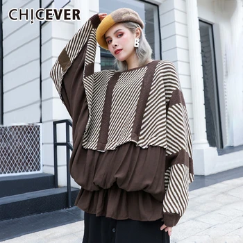 

CHICEVER Striped Knitted Hit Color Sweaters For Women O Neck Batwing Sleeve Ruched Pullover Sweater Female 2020 Autumn Winter