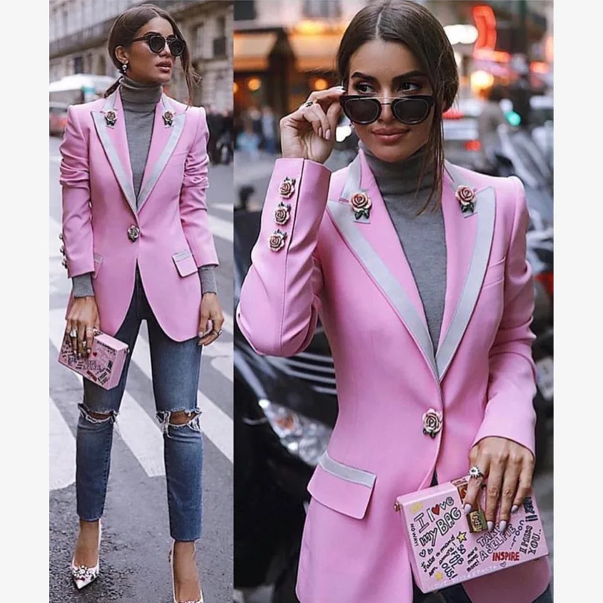 

European and American women's 2019 latest star three-dimensional rose button print lined pink slim suit jacket