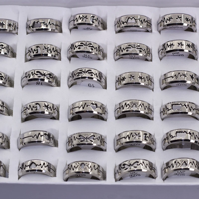 36 Pcs/lot Titanium Steel Laser Cut Hollow Heart Butterfly Rings 2022 New Fashion Jewelry Wholesale Rings Polished Inside