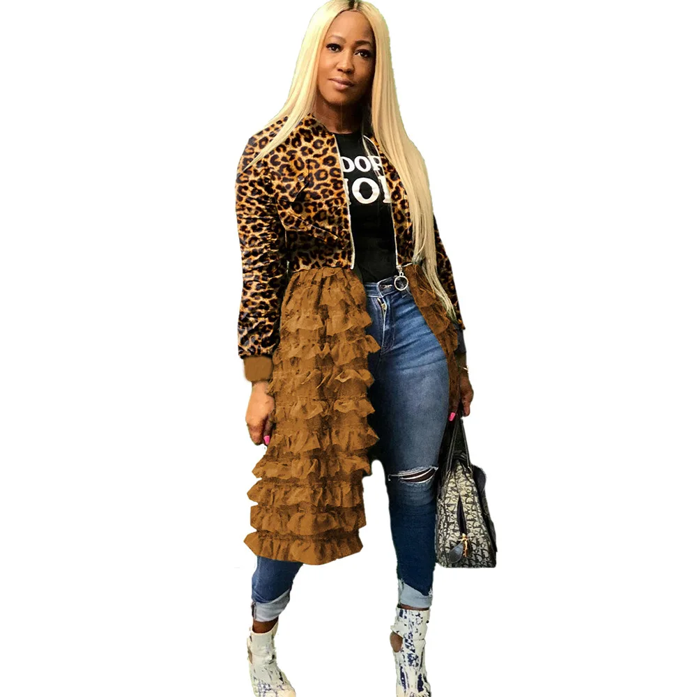 

HAOYUAN Plus Size camo leopard Coats and Jackets Women Overalls Fall Clothes Long Sleeve Mesh Ruffle Hem Outerwear Bomber Jacket