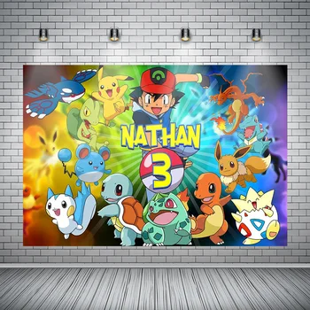 

Vinyl Cartoon Pokemon Backdrop for Photo Yellow Lightning Mouse Kids Birthday Party Photography Background Photocall