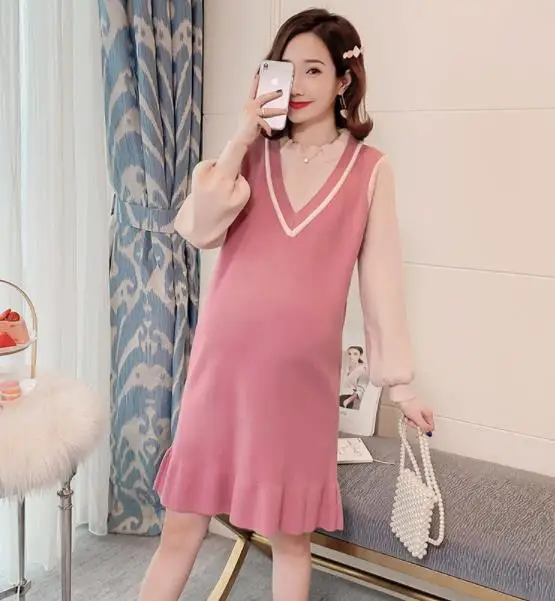 Lavender Maternity Women Loose Sweater Dress Autumn Winter Long Sleeve Pregnant Knitted Dress Fake 2 Piece Pregnancy Midi Length Dress - Color: Lavender
