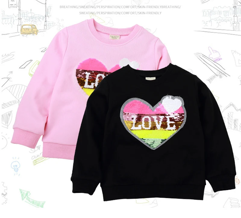1-7Yrs костюм с блестками с толстовкой с принтом «LOVE»; Новинка толстовки для маленьких мальчиков и девочек Волшебная обесцвечиваясь и не пайетками Футбол детский свитер