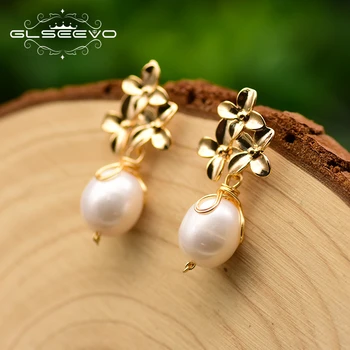 

GLSEEVO Handmade Flower Drop Earrings Natural Fresh Water Round White Pearl Earrings For Women Fashion Jewelry Oorbellen GE0752