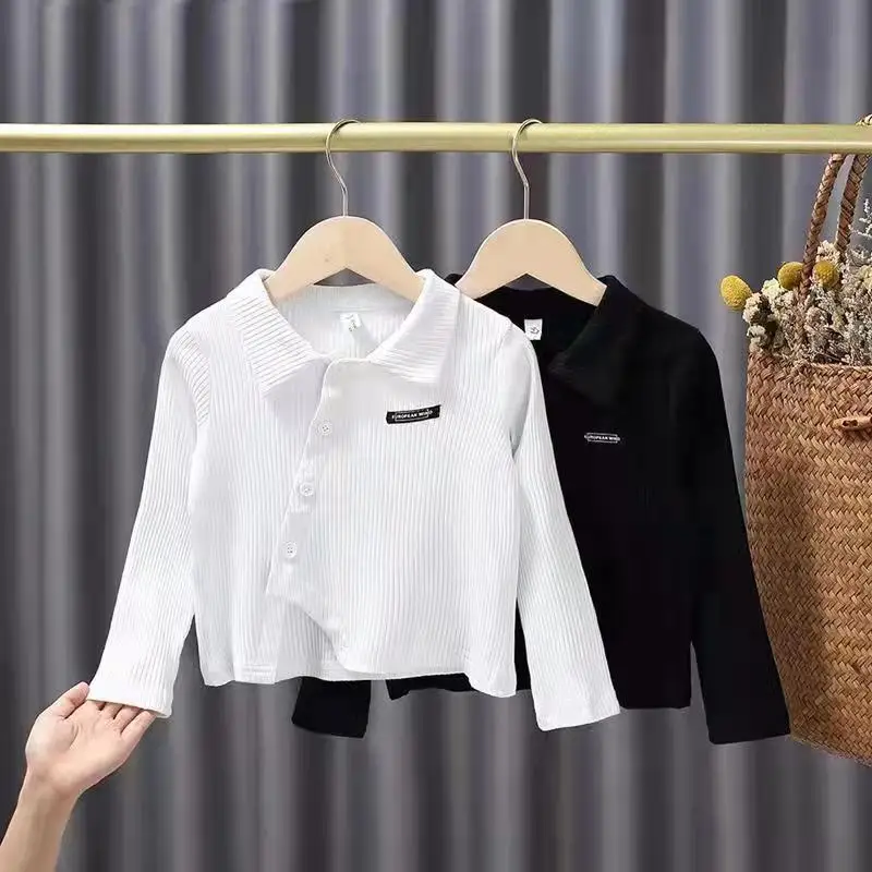 

Kids Girls Casual T-shirt Irregular Turn Down Collar Black White Tops 2021 New Arrival Children Spring Autumn Clothes Euro Style