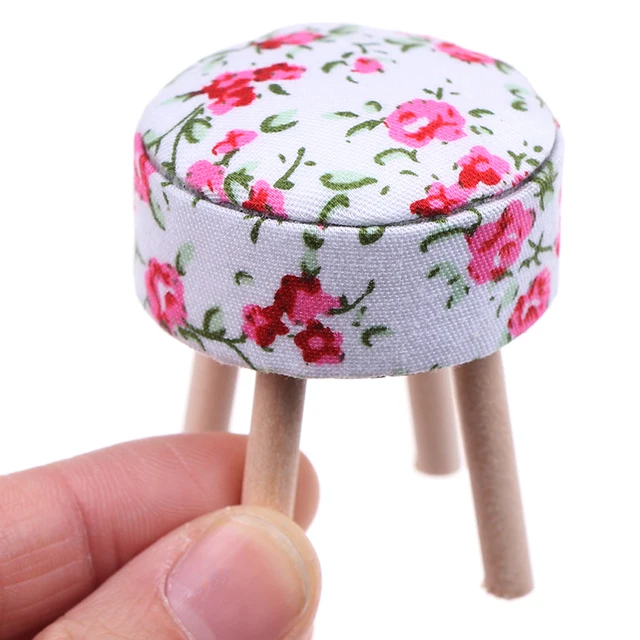 1/12 Scale Dollhouse Miniature Wooden Table Furniture Round Floral Stool Chair  for Dolls House Decor Kids Pretend Play Toy 3