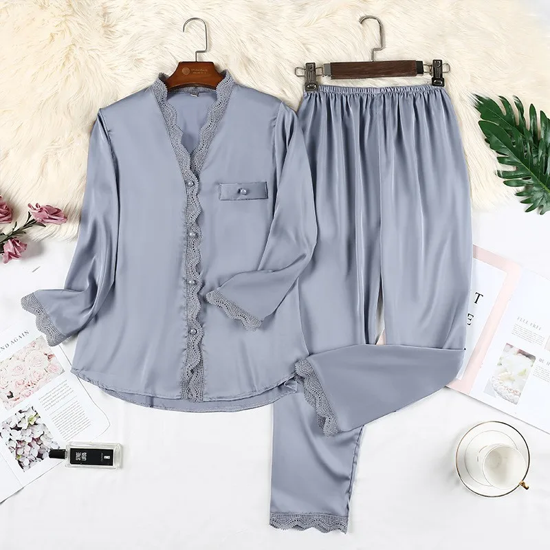 V-Neck Sleepwear Women Satin Pajamas Set 2021 Spring Summer New Nightwear Logn Sleeve Rayon 2PCS Pyjamas Suit Thin Home Wear