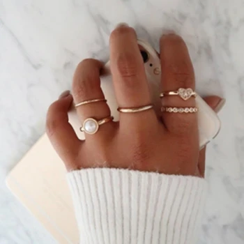 

5pcs/set New Fashion Jewelry Simulation Pearl Peach Heart Combination Joint Ring Rings For Women Wedding Rings Wholesale