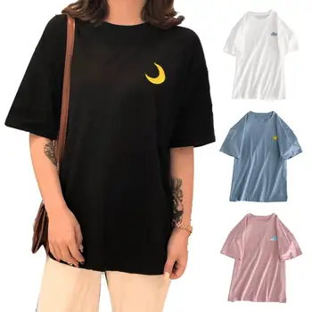 

Women Embroidery Cloud Moon Weather Short Sleeve O Neck Loose Girls T-shirt Blouse