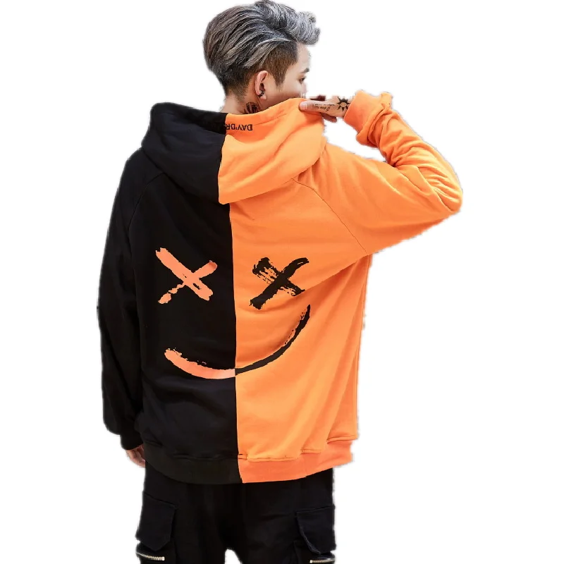 

Autumn Casual Men Patchwork Hoodies Sweatshirts Happy Smiling Face Printed Headwear Hoodie Hip Hop Streetwear Hooded Pullover